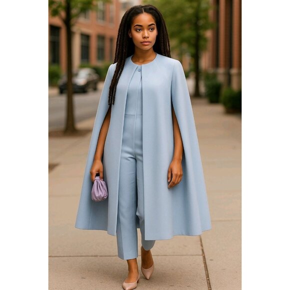 Uoozee Womens XL Powder Blue Cape Jacket Pantsuit Cropped Classic Minimalist - Picture 1 of 7